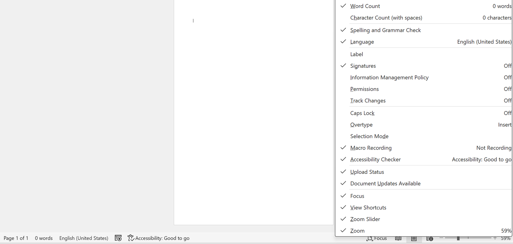 Personalizando a barra de status no Microsoft Word.