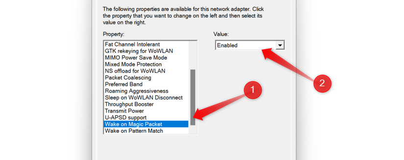 Habilitando o recurso wake on lan na guia avançada das propriedades do adaptador de rede.