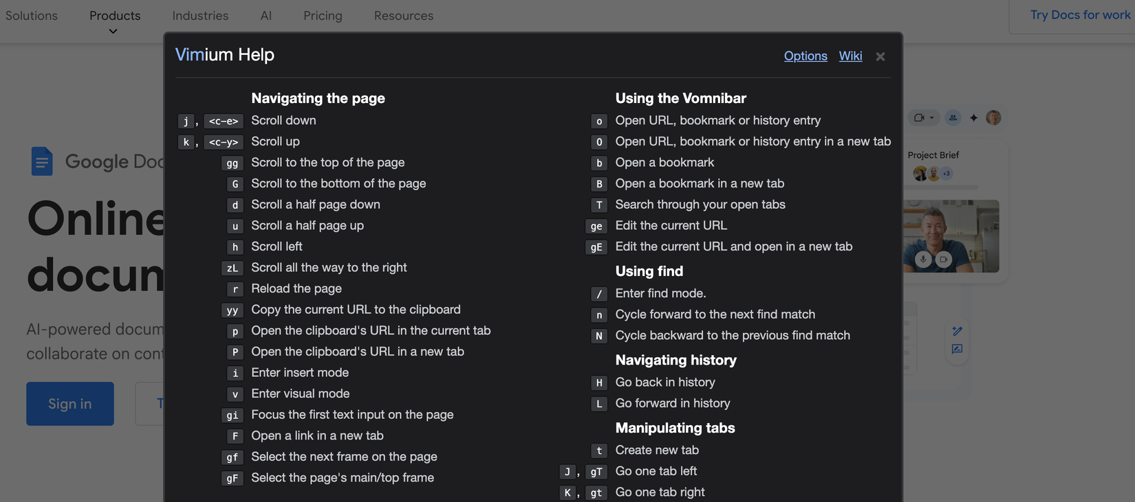 List of shortcuts supported by Vimium.