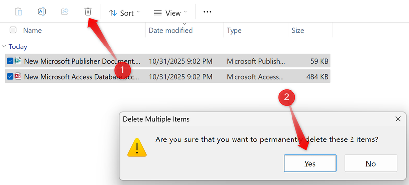 Excluir arquivos permanentemente usando o ícone da lixeira no Explorador de Arquivos do Windows.