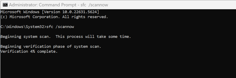 Running the SFC scan in Command Prompt on Windows.