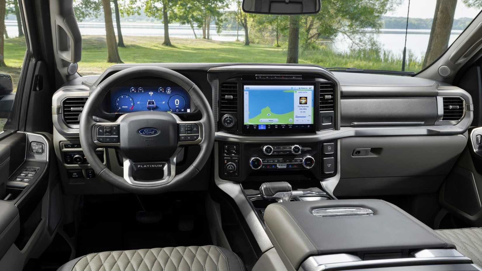 Shot inside the cabin of a 2024 Ford F-150 Platinum showing the interior.