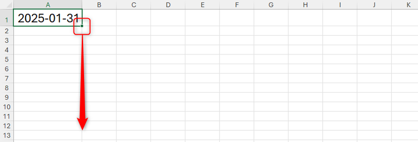 2025-01-31 is typed into cell A1 in an otherwise blank Excel worksheet, and the fill handle is highlighted with an arrow pointing downward.