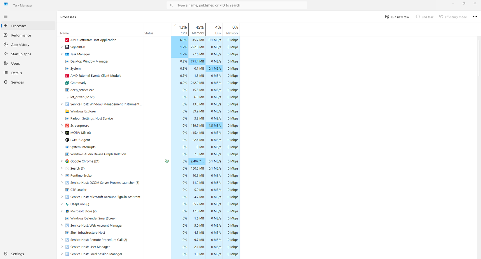 Gerenciador de tarefas com vários aplicativos abertos.