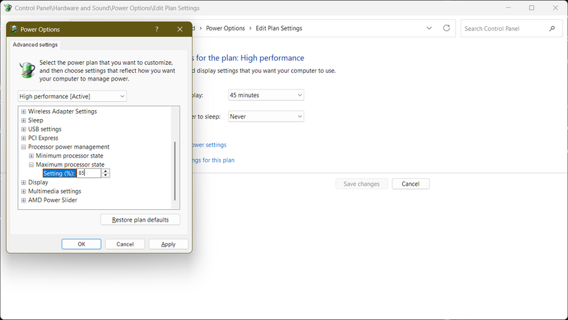 As configurações do plano de energia no Windows.