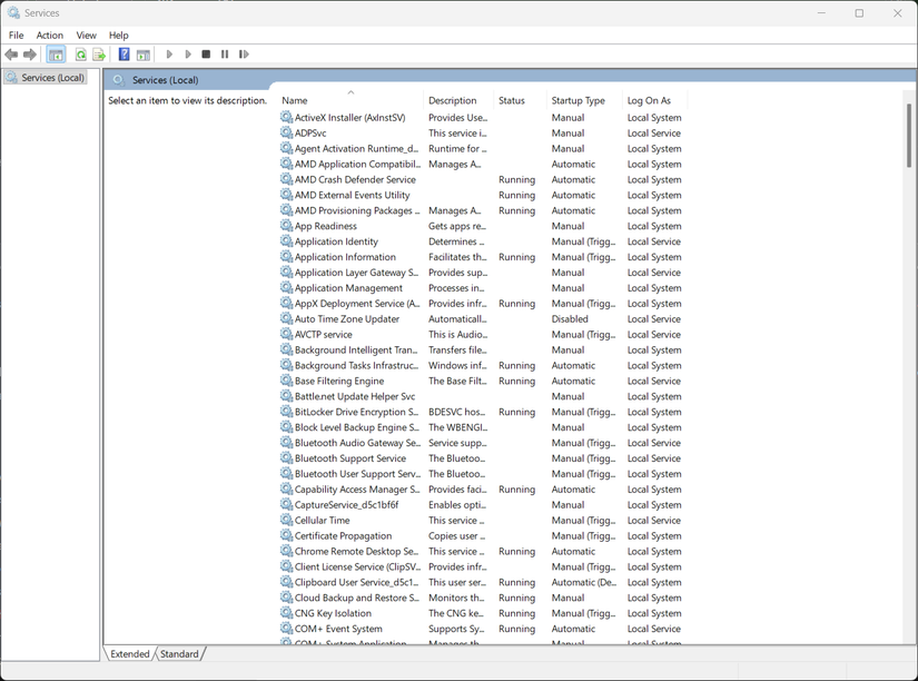 A janela dos Serviços do Windows.