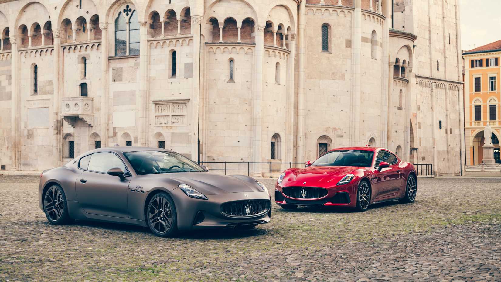 Two-2025-Maserati-GranTurismo-Folgores-front-three-quarters