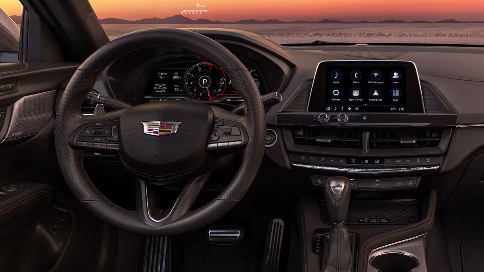 A shot of the 2026 Cadillac CT4 steering wheel and infotainment screen.