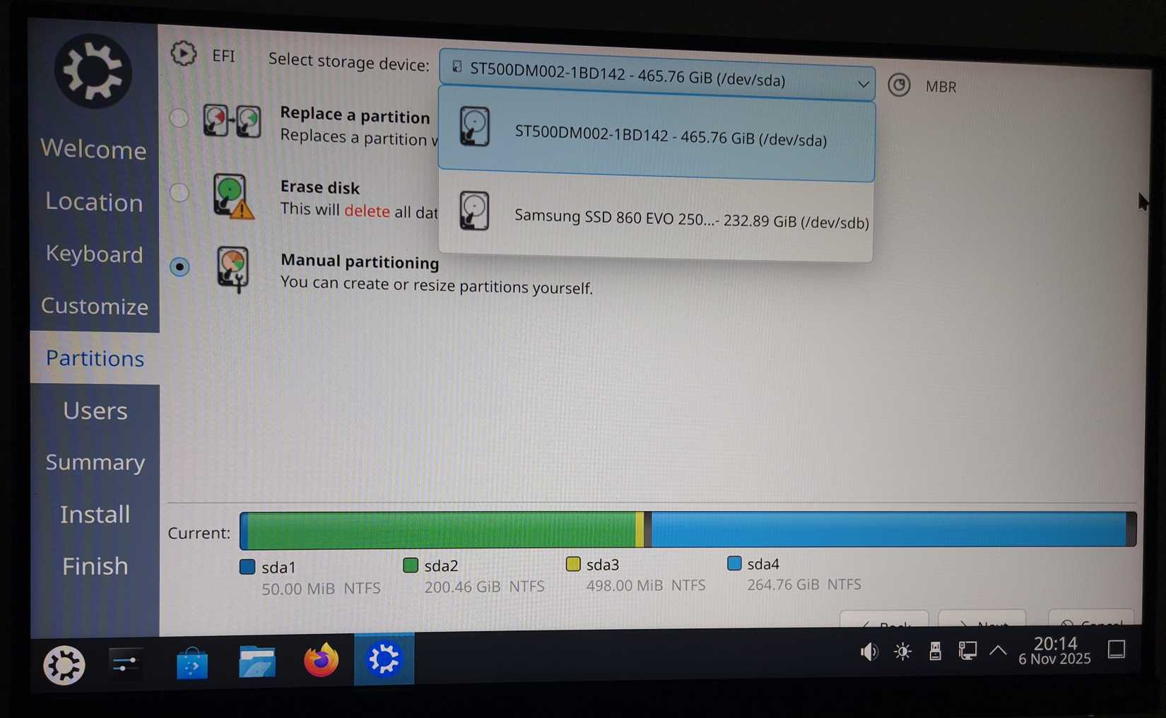 Tela de particionamento do instalador do Calamares.