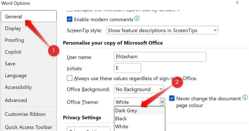 Escolhendo um tema diferente do Office no Microsoft Word.