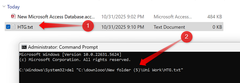 Excluindo um arquivo usando o prompt de comando do Windows.