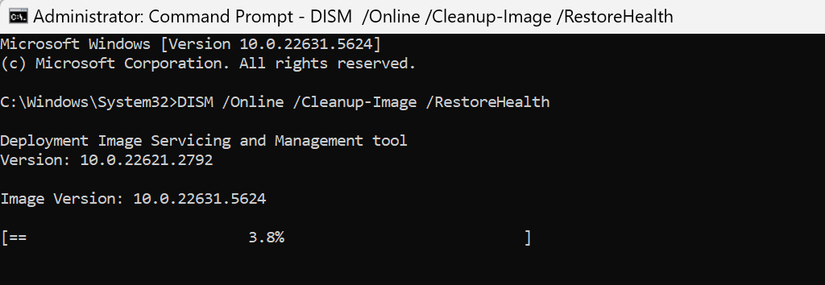 Running the DISM scan in the Command Prompt on Windows.