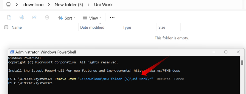 Excluindo arquivos em uma pasta usando PowerShell no Windows.