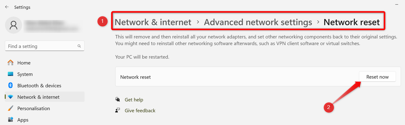 Redefinindo adaptadores de rede no aplicativo Configurações do Windows.