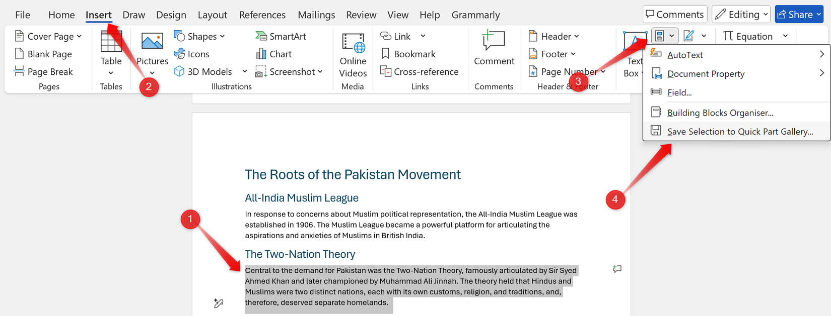Salvando um parágrafo na Galeria de peças rápidas no Microsoft Word.