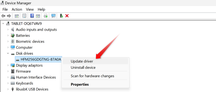 Updating driver of a disk drive in Device Manager on Windows.