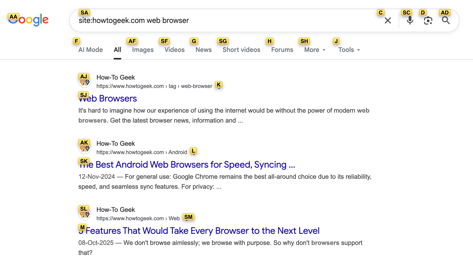 Vimium shows clickable elements for opening links using the keyboard in Google Chrome.