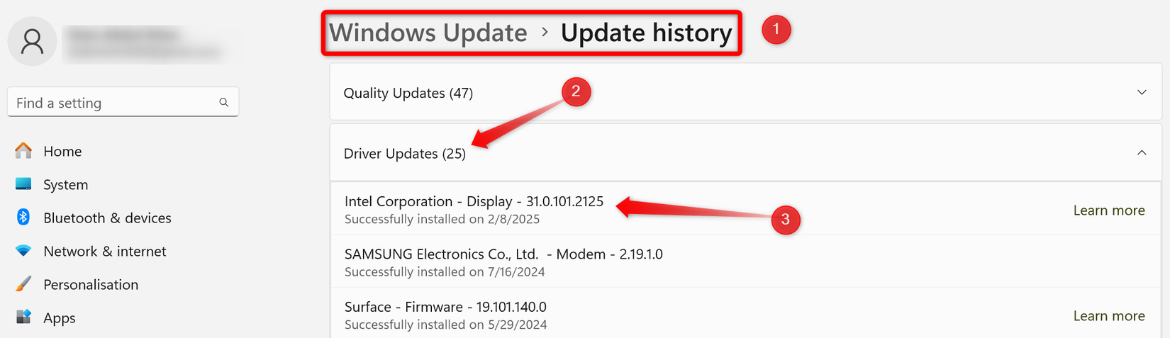 Checking the recent driver update in the Settings app on Windows.