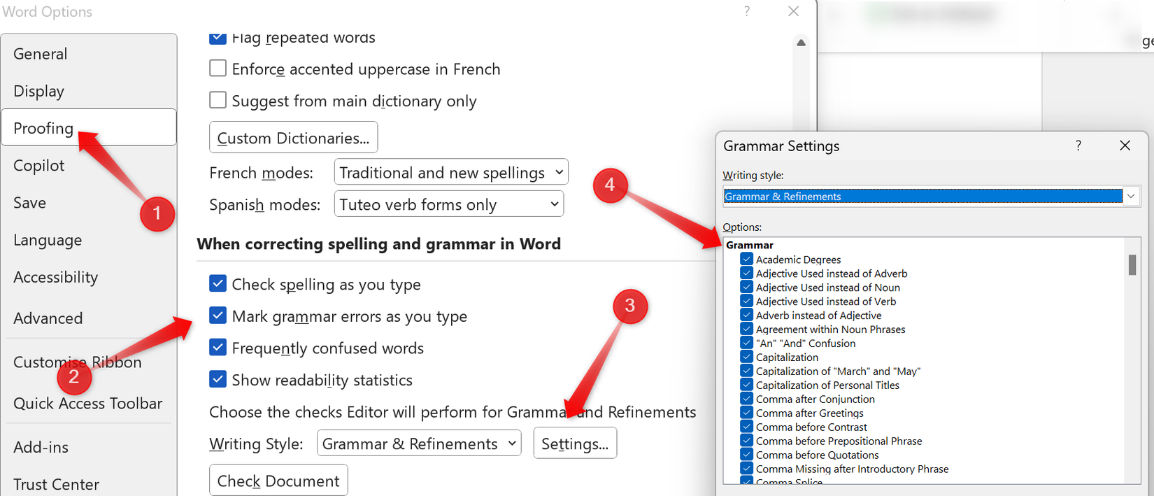 Ajustando as configurações de revisão no Microsoft Word.