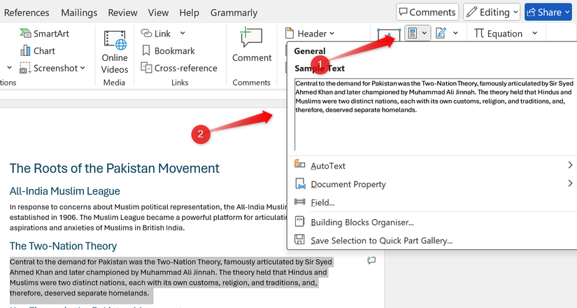 Usando um parágrafo da Quick Part Gallery no Microsoft Word.