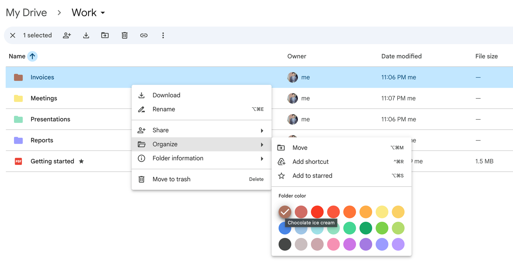 Pastas com codificação por cores no Google Drive.