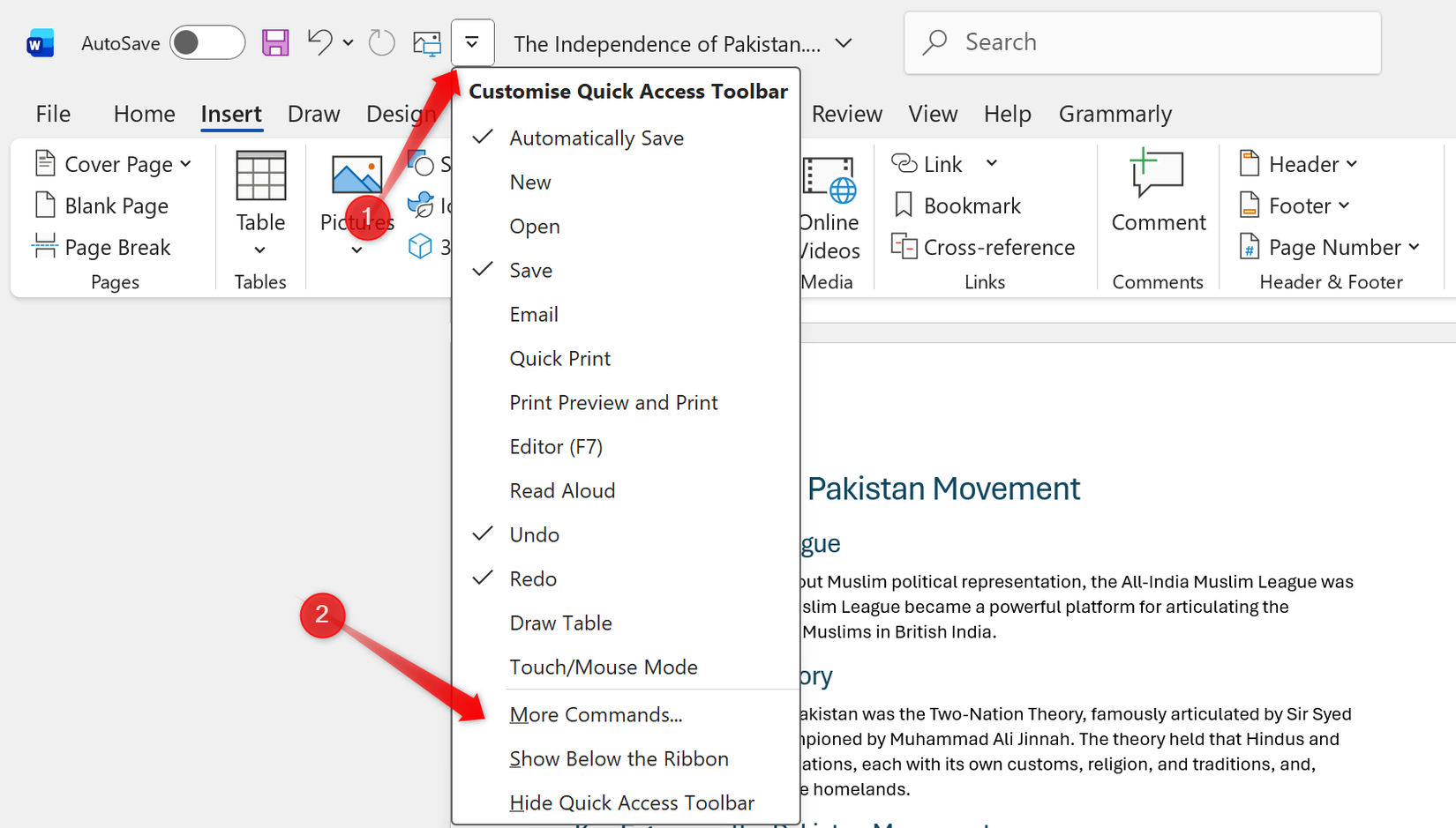 Personalizando a barra de ferramentas de acesso rápido no Microsoft Word.