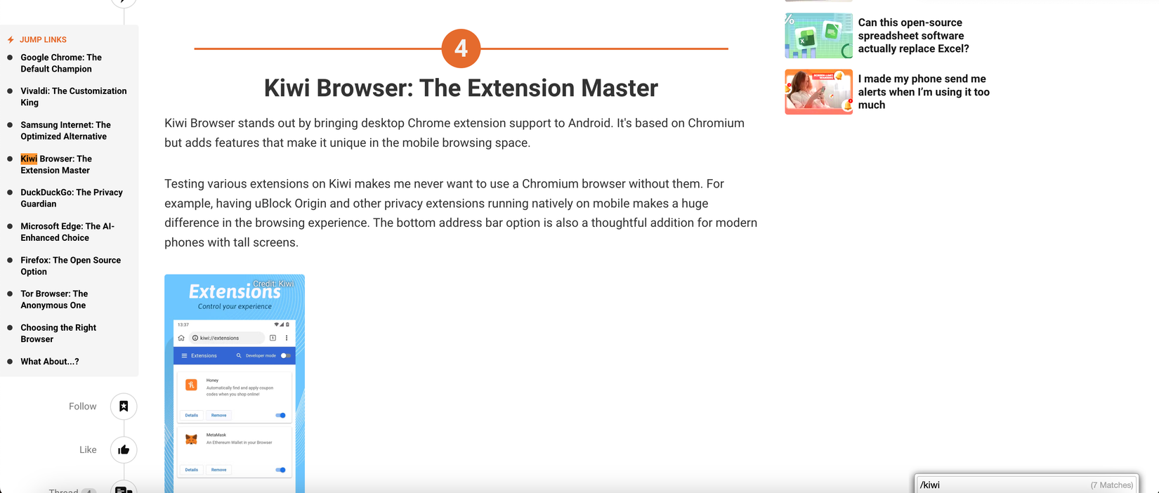 Search for a specific word in an article using Vimium in Google Chrome.