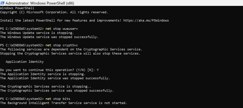 Stopping Windows update components in the PowerShell app on Windows.