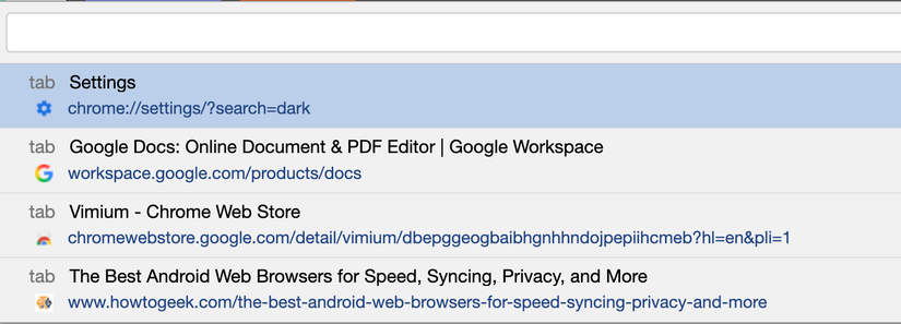 Search open tabs using the Vimium extension in Google Chrome.