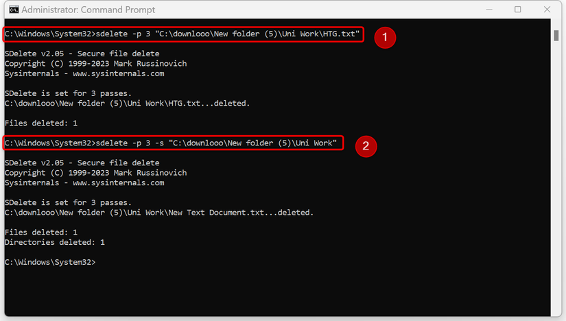Excluindo com segurança um arquivo e um diretório usando o utilitário Sdelete no Windows.