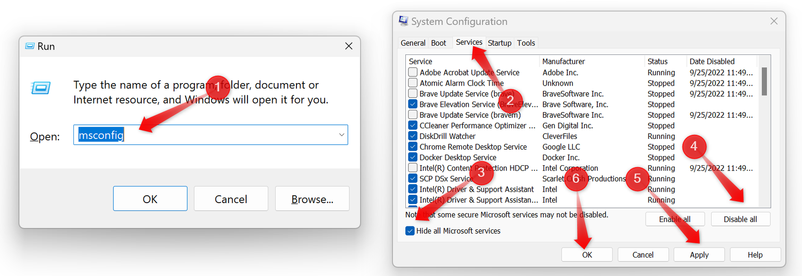 Disabling all services except the Microsoft related in the System Configuration window.