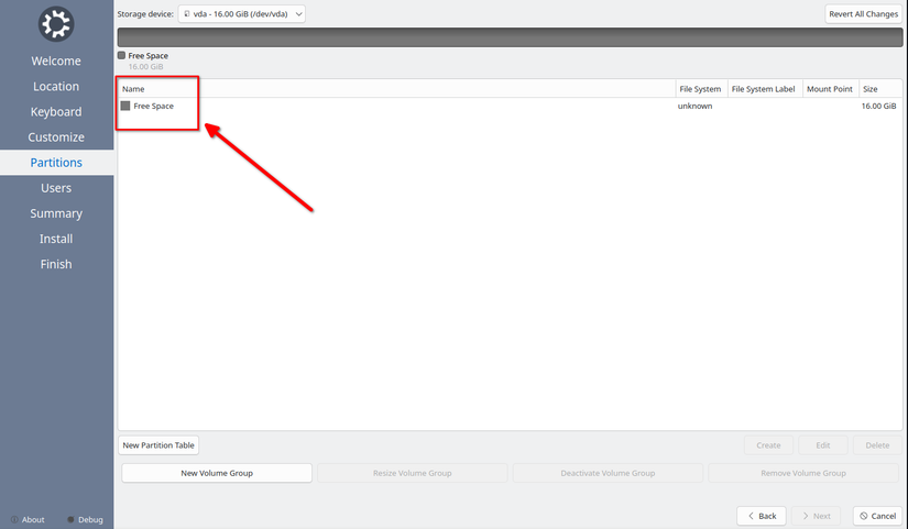 Free unallocated space in the partitioning screen of calamares installer.