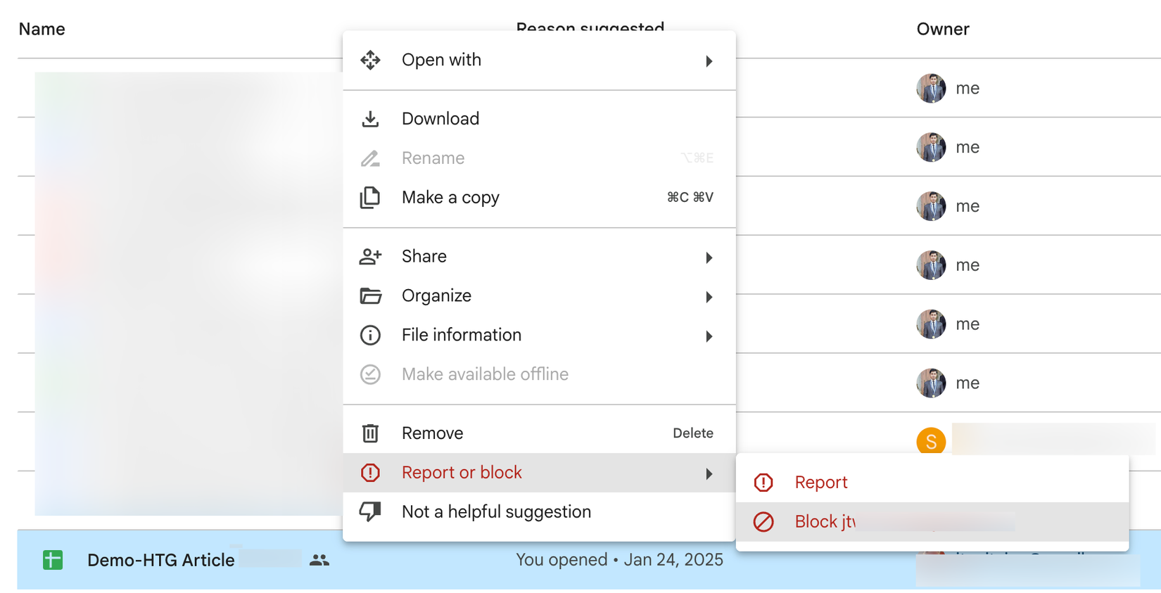Bloqueando um usuário por spam no Google Drive.