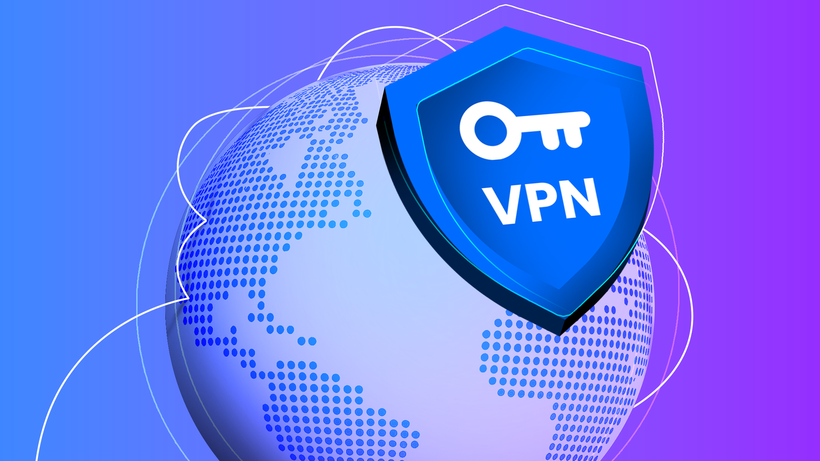 Um ícone de escudo VPN azul com um símbolo de chave sobre um globo digital_-1