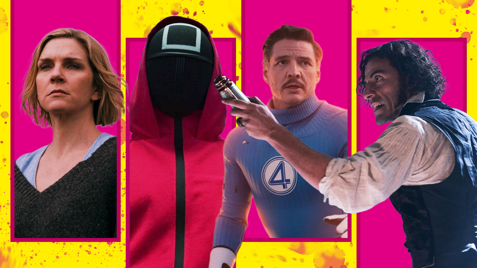 A collage featuring characters from Pluribus, Squid Game The Challenge, The Fantastic Four First Steps and Frankenstein.