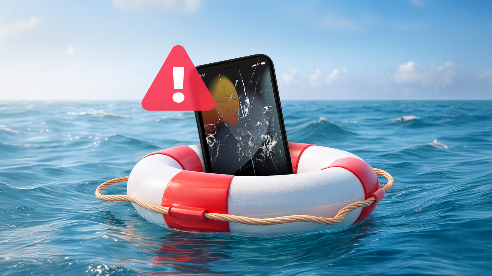 A cracked smartphone floats inside a red-and-white lifebuoy on the ocean, with a warning icon beside it