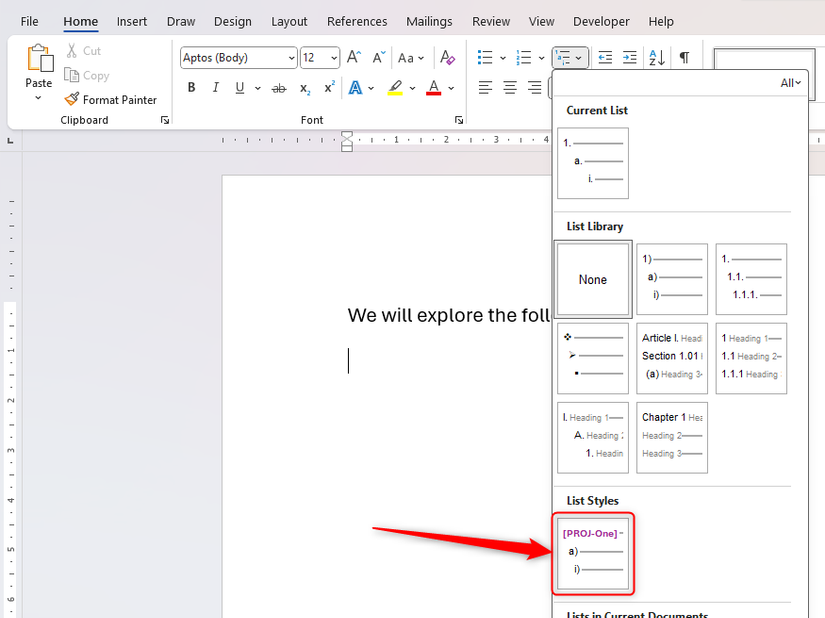 A customized list style in the Multilevel List drop-down menu in Microsoft Word.