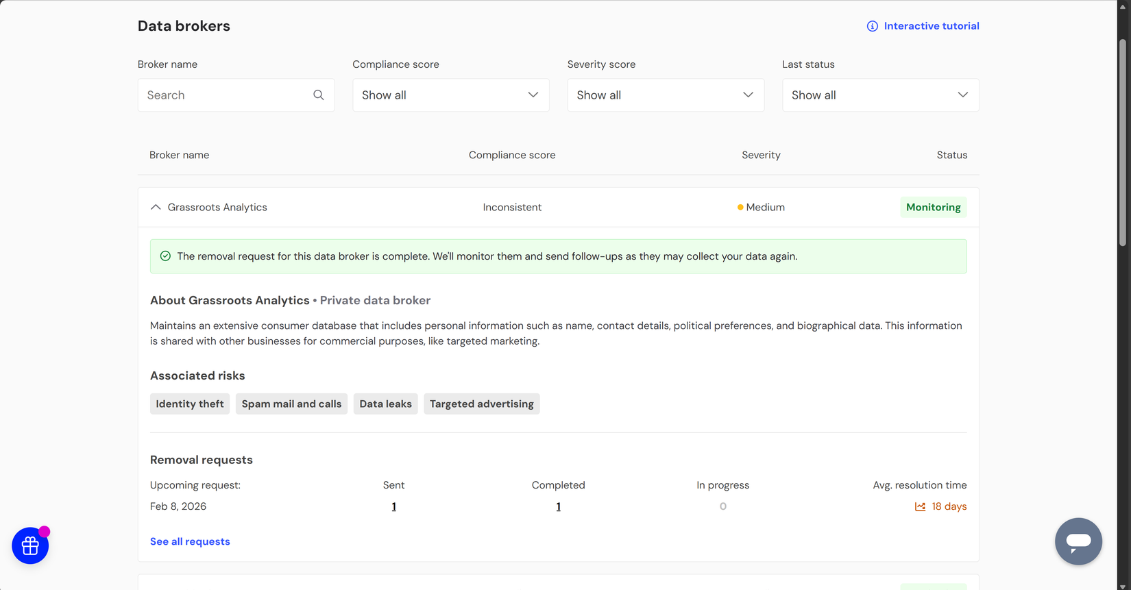 Um corretor de dados com status de monitoramento no painel Incogni.