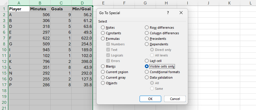 Um conjunto de dados no Excel com três linhas ocultas é selecionado e Somente células visíveis é selecionado na caixa de diálogo Ir para especial.