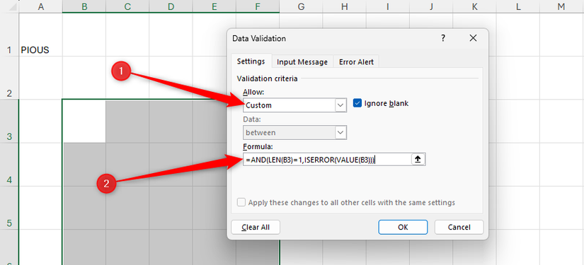 A formula using AND, LEN, ISERROR, and VALUE is typed into the Formula field of Excel's Data Validation dialog.