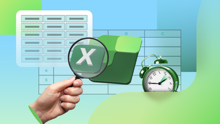 A hand holding a magnifying glass over the Excel logo, with spreadsheets and a green alarm clock in the background.
