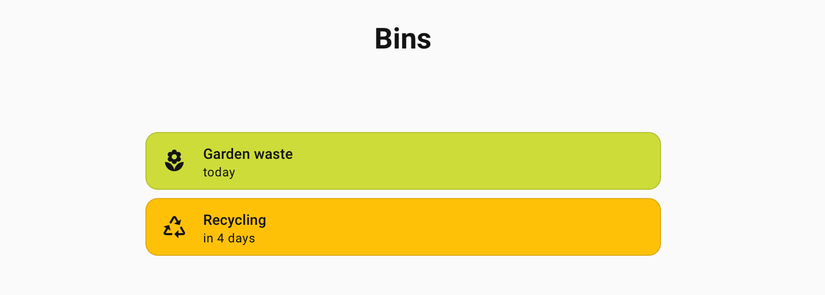 A Home Assistant dashboard showing upcoming dates for green waste and recycling.