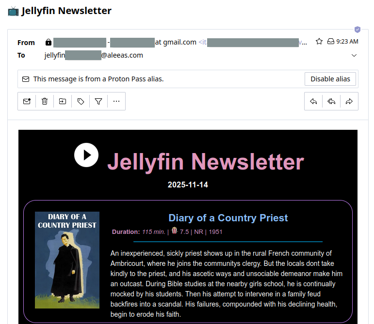 A Jellyfin newsletter in an inbox.