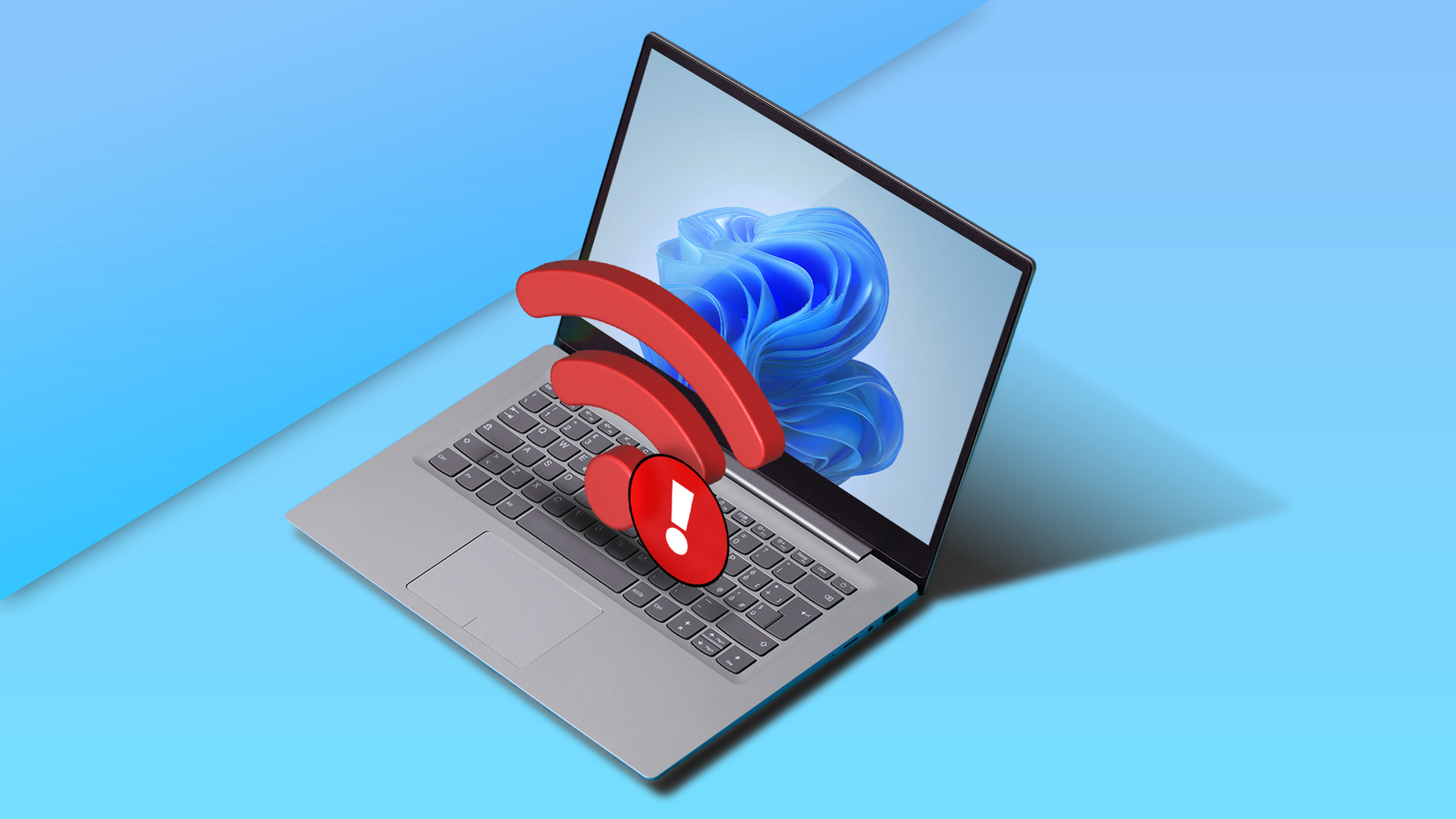 Ноутбук с Windows 11 на синем фоне, крупный красный значок Wi-Fi с восклицательным знаком.