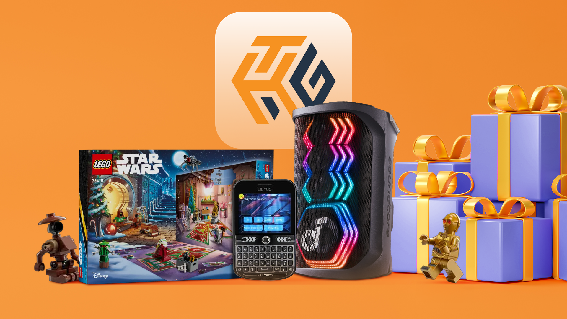 A LEGO Star Wars Advent Calendar, a Rave 3S Speaker, and a LILYGO T-Deck Plus, with several wrapped gift boxes in the background.