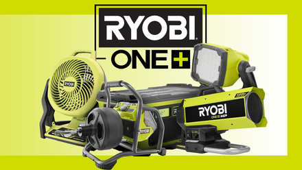 4 уникальных инструмента Ryobi, которых нет у DeWALT A lineup of Ryobi ONE+ hybrid power tools displayed on a bright yellow background.