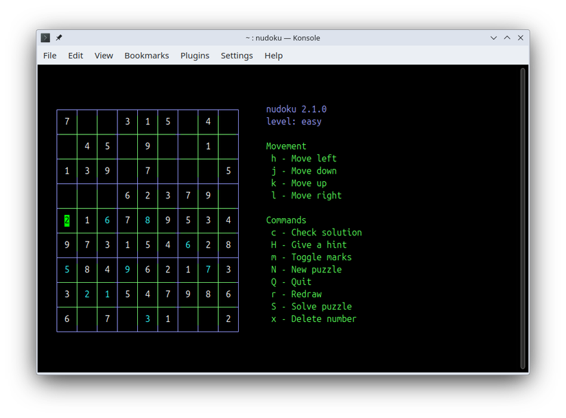 A Linux terminal with nudoku running.