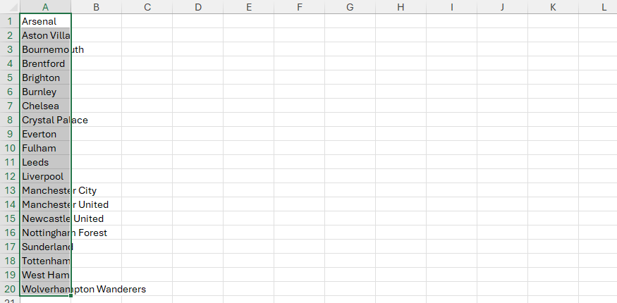 A list of Premier League teams in column A in an Excel worksheet.