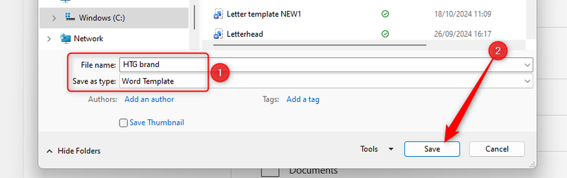 A Microsoft Word template, named HTG brand, is saved using the Save As dialog box.
