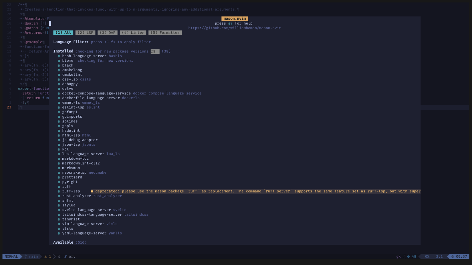 Uma janela do Neovim exibe uma subjanela menor. Nele há uma longa lista de ferramentas.